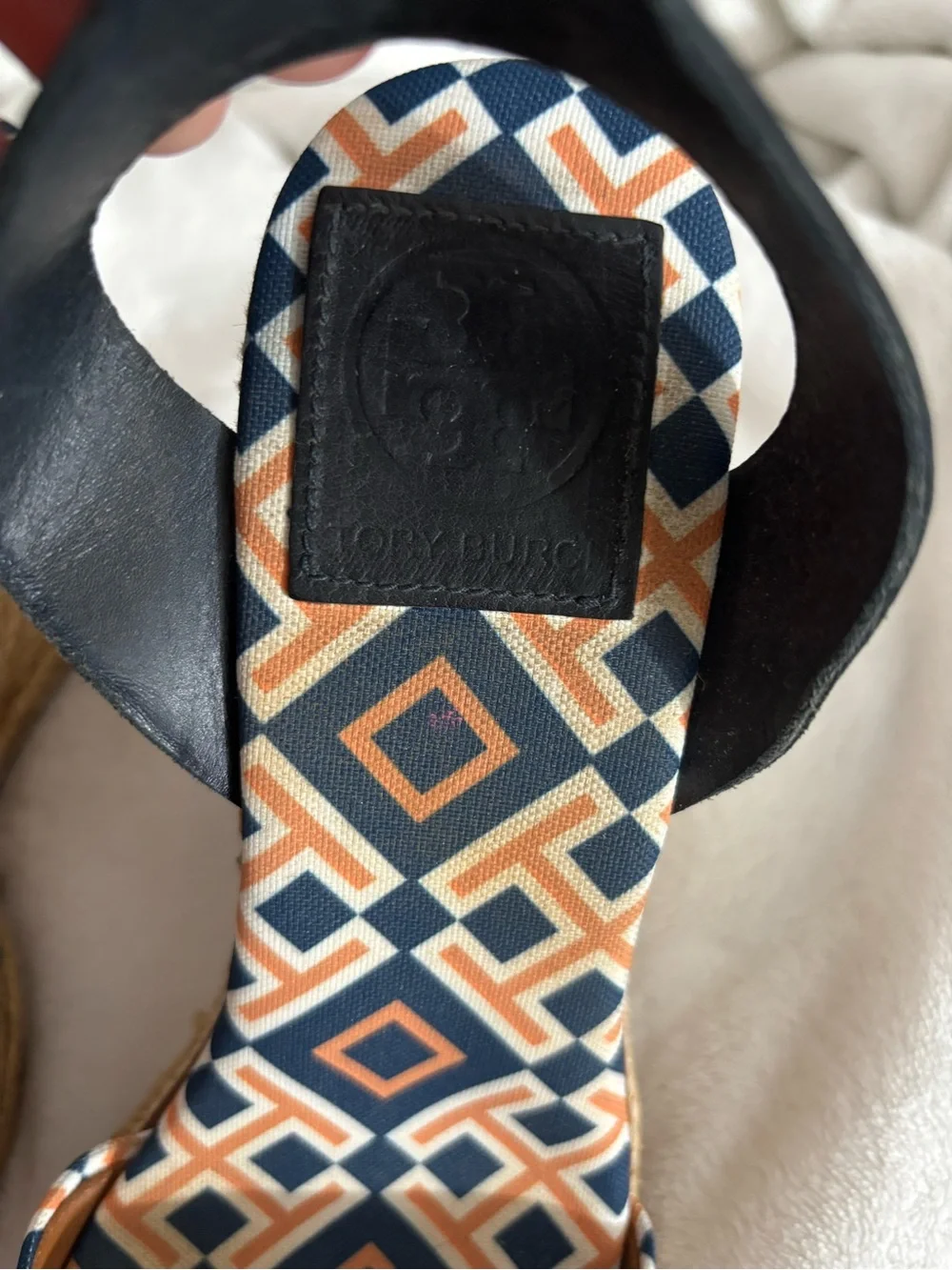 Tory Burch Navy and Tan Geometric Espadrille Wedge Sandals